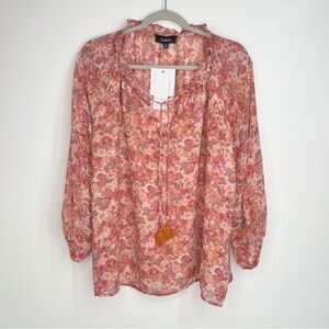 NWT Aakaa Floral Sheer Lightly Lined Blouse Orange Pink Ruffle Collar Size XL